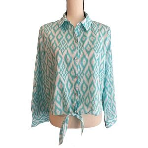 Chico's Blouse Women's Size Small Turquoise Ikat Print Tie Front Resortwear